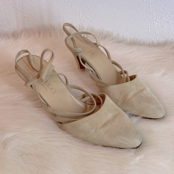 Gucci Shoes - Vintage 90s Y2K Gucci Beige Suede Pointed-Toe Slingback Heels